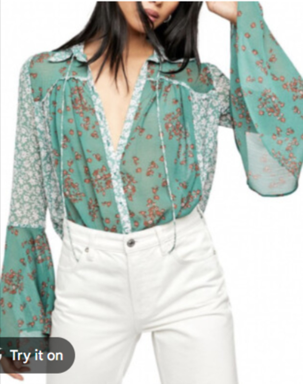 Free People Serena Floral Blouse Emerald Green Bell Sleeve Boho Top Size M 6-10 - Picture 1 of 6